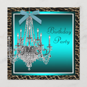 Invitation Fête d'anniversaire lustre bleu sarcelle léopard
