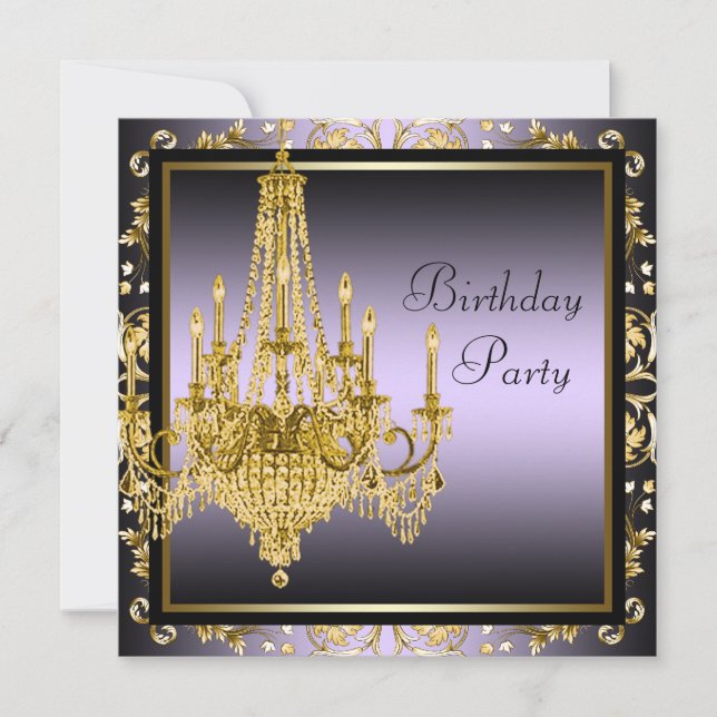 Invitation Fête d'anniversaire lustre doré violet (Devant)