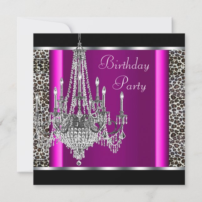 Invitation Fête d'anniversaire lustre rose léopard (Devant)