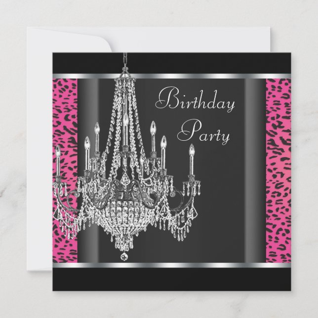 Invitation Fête d'anniversaire lustre rose léopard (Devant)