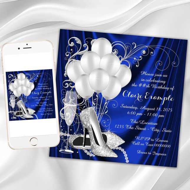 Invitation Fête d'anniversaire Luxe Bleu Royal et Argent pour (Womans Royal Blue and Silver Birthday Party Invitation with elegant silver high heel shoes.)