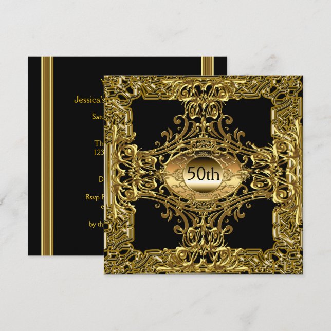 Invitation Fête d'anniversaire Luxe Noir Or (Devant / Derrière)