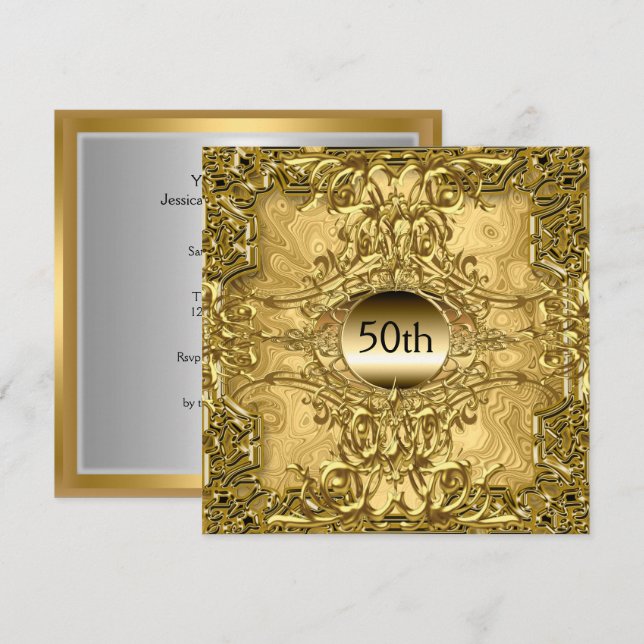 Invitation Fête d'anniversaire Luxe Or 50 ans Chaud Or (Devant / Derrière)