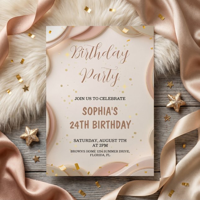 Invitation Fête d'anniversaire Luxueuse Abstraite Beige et Or (Créateur téléchargé)