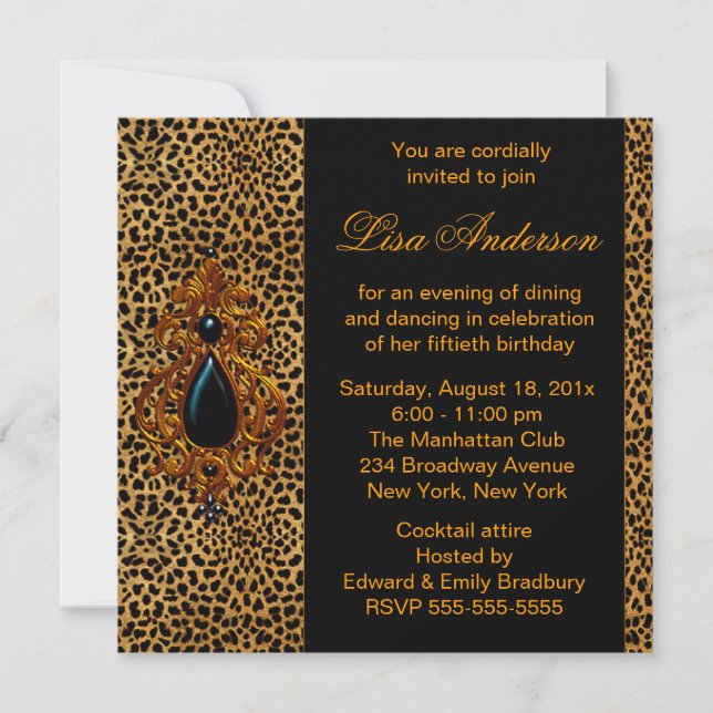 Invitation Fête d'anniversaire Luxueuse Léopard (Devant)