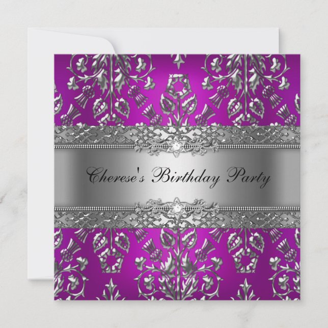 Invitation Fête d'anniversaire Magenta Damassé Argenté (Devant)