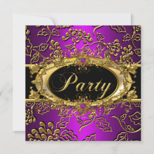 Invitation Fête d'anniversaire magenta damassé rose violet or