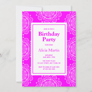 Invitation Fête d'anniversaire Magenta & White Mandala