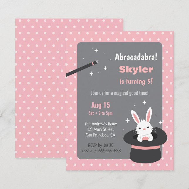 Invitation Fête d'anniversaire magique avec lapin dans un cha (Devant / Derrière)