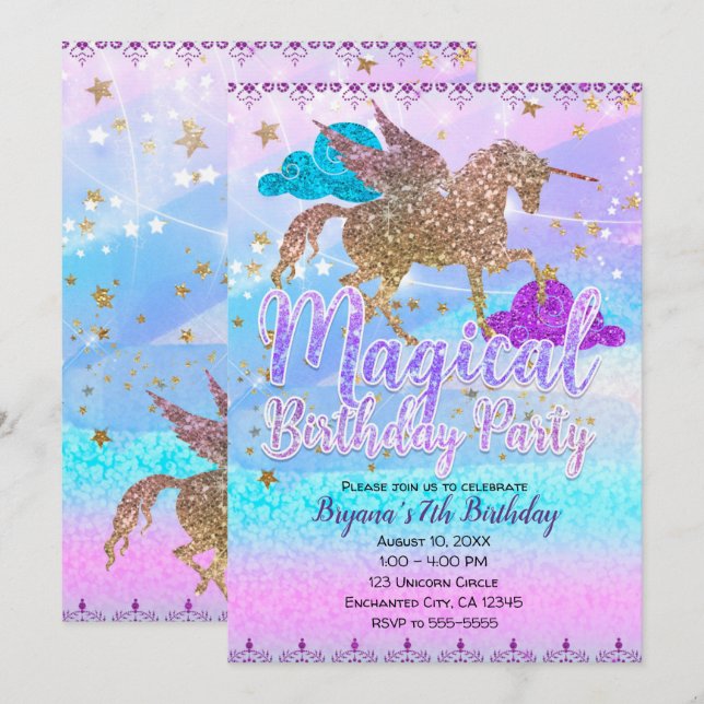 Invitation Fête d'anniversaire magique de licorne volante à p (Devant / Derrière)