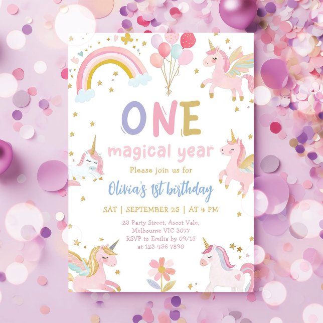 Invitation Fête d'anniversaire Magique Licorne 1 an  (Créateur téléchargé)