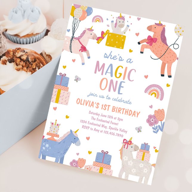 Invitation Fête d'anniversaire Magique Licorne 1 an  (Créateur téléchargé)