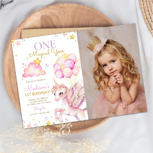 Invitation Fête d'anniversaire Magique Licorne 1 an Photo