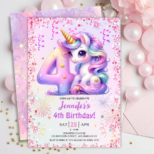 Invitation Fête d'anniversaire magique Licorne 4 ans pour fil