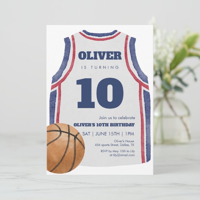 Invitation Fête d'anniversaire maillot de basket Navy aquarel (Debout devant)