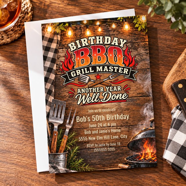 Invitation Fête d'anniversaire Maître de Gril BBQ Rustique (BBQ Grillmaster birthday party invitation)