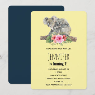 Invitation Fête d'anniversaire maman & bébé koalas ours en aq