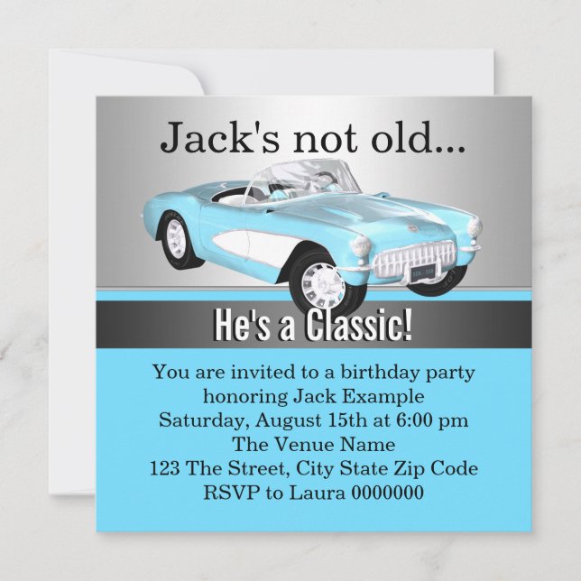 Invitation Fête d'anniversaire Mans Blue Antique Car (Devant)