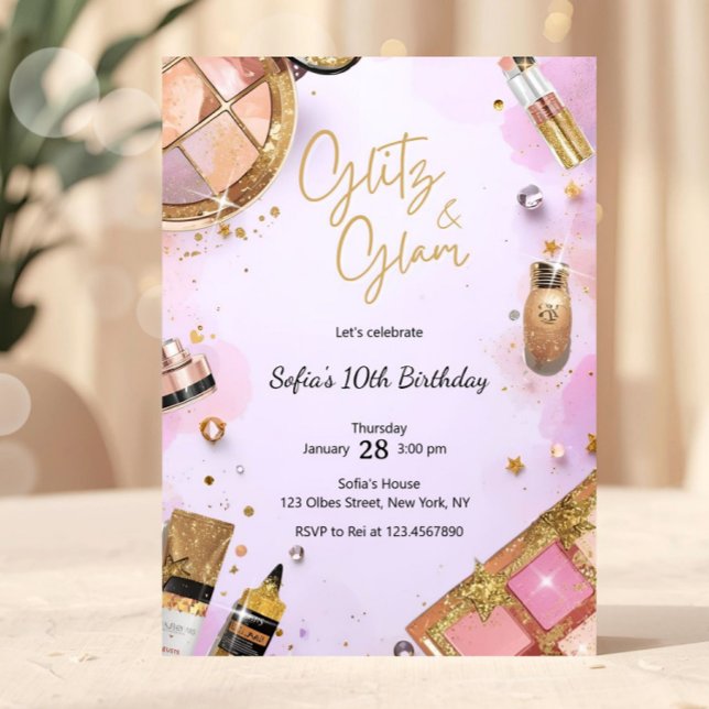 Invitation Fête d'anniversaire Maquillage Glamour Blush Rose  (girl birthday, spa makeup birthday party, spa party, spa birthday, makeup party, glamorous birthday,)