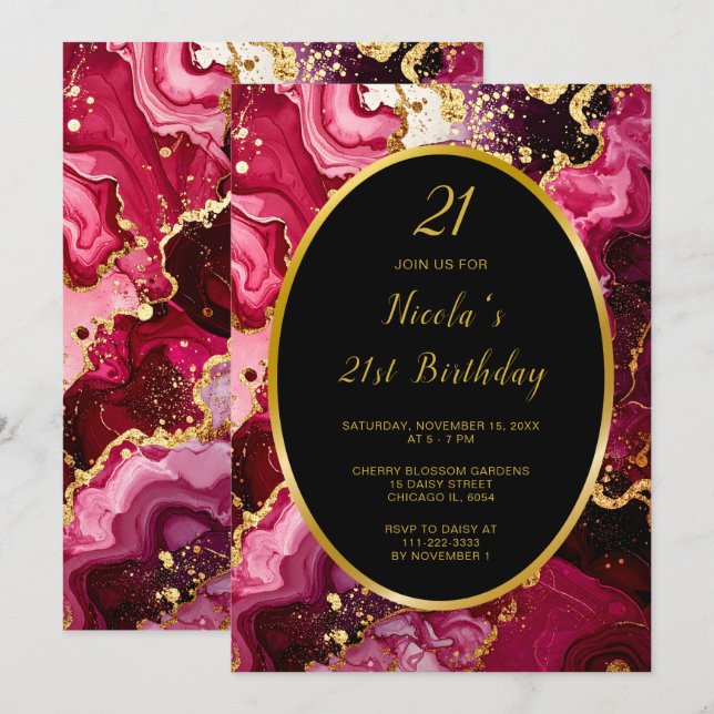 Invitation Fête d'anniversaire Marbre Agate Rouge Clair et Or (Devant / Derrière)