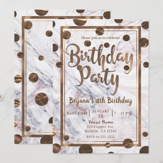 Invitation Fête d'anniversaire Marbre Bronze Cuivre Rose Gold (Devant / Derrière)