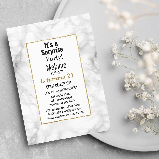 Invitation Fête d'anniversaire marbre noir blanc or paillette (Black white gold glitter marble Birthday Party)