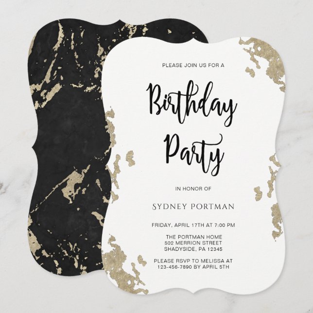 Invitation Fête d'anniversaire Marbre Noir et Blanc Faux Or (Devant / Derrière)