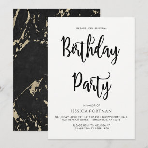 Invitation Fête d'anniversaire Marbre Noir et Blanc Faux Or