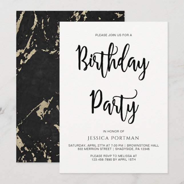 Invitation Fête d'anniversaire Marbre Noir et Blanc Faux Or (Devant / Derrière)
