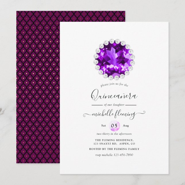 Invitation Fête d'anniversaire Mardi Gras avec pierre précieu (Devant / Derrière)