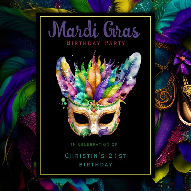 Invitation Fête d'anniversaire Mardi Gras en masque, Chic noi (Créateur téléchargé)