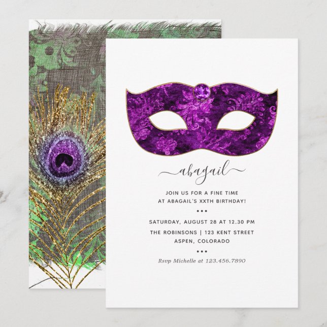 Invitation Fête d'anniversaire Mardi Gras Gemme Tropicale Vio (Devant / Derrière)