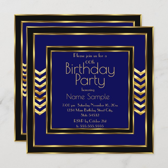 Invitation Fête d'anniversaire Marine Bleu Noir Or Art Déco (Devant / Derrière)