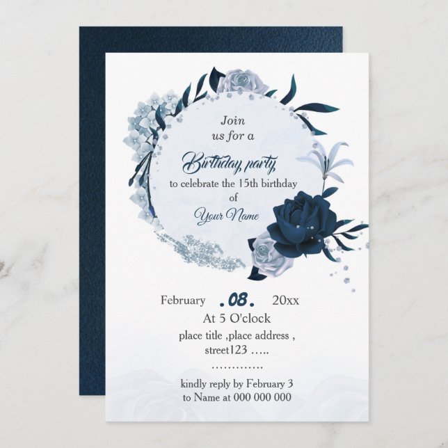 Invitation fête d'anniversaire marine et bleu poussiéreux (Devant / Derrière)