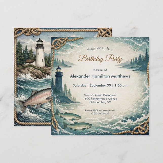 Invitation Fête d'anniversaire maritime bleu côtier (Devant / Derrière)
