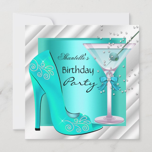 Invitation Fête d'anniversaire Martini Bleu Turquoise Blanc A (Devant)