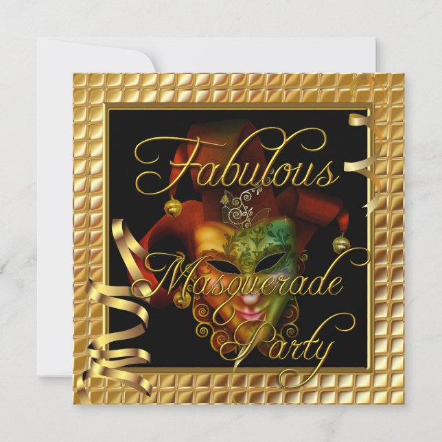 Invitation Fête d'anniversaire Mascarade Fabuleux Or Noir (Devant)