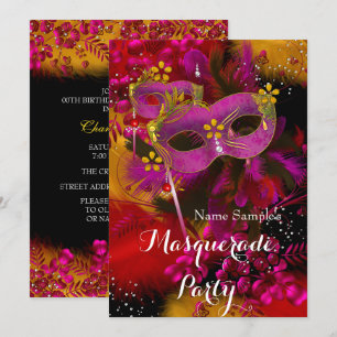Invitation Fête d'anniversaire Mascarade Fleurie Or Rose Noir