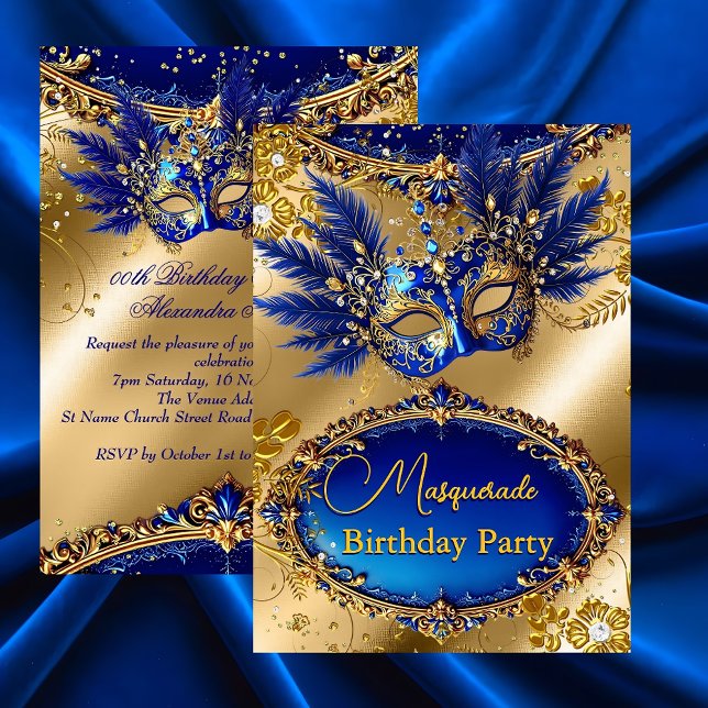 Invitation Fête d'anniversaire Mascarade Masque Bleu Or Plume (Créateur téléchargé)