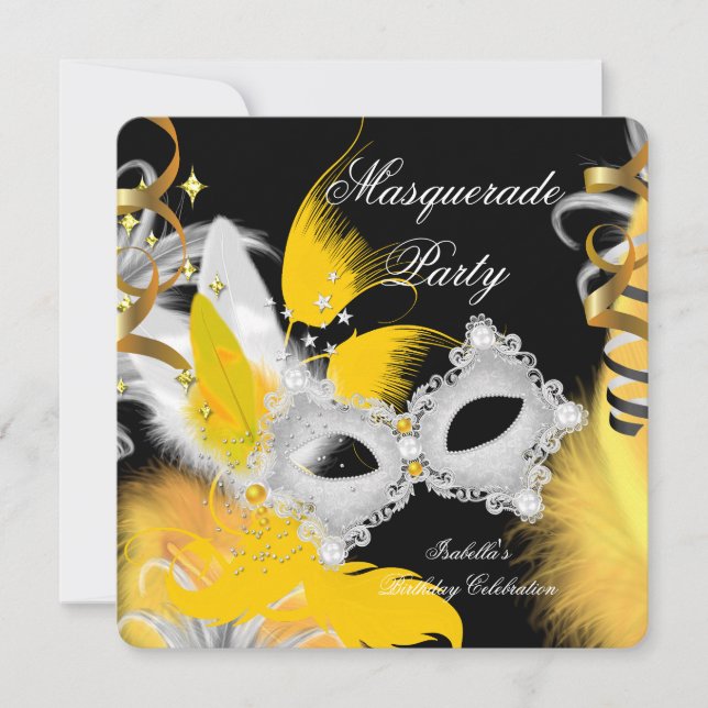 Invitation Fête d'anniversaire Mascarade Masque Jaune Blanc N (Devant)