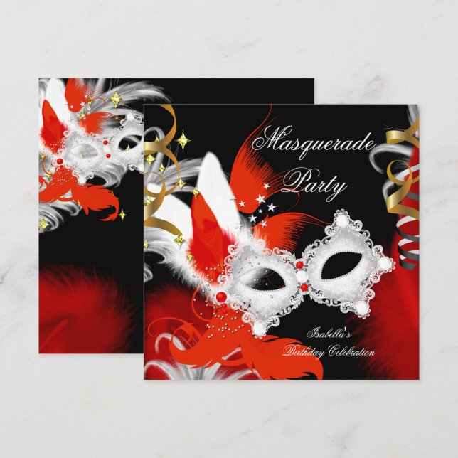 Invitation Fête d'anniversaire Mascarade Masque Rouge Noir Bl (Devant / Derrière)