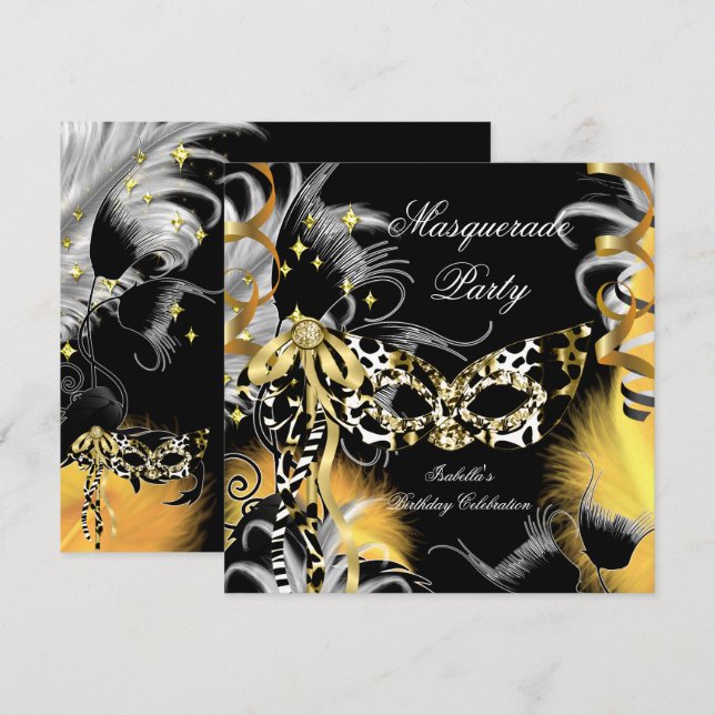 Invitation Fête d'anniversaire Mascarade Masque Sauvage Noir  (Devant / Derrière)