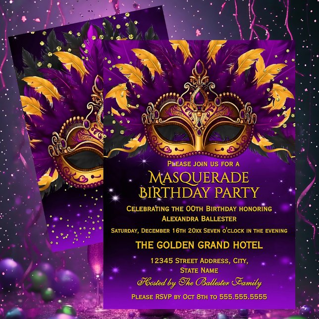 Invitation Fête d'anniversaire Mascarade Masques Or Pourpre (Créateur téléchargé)