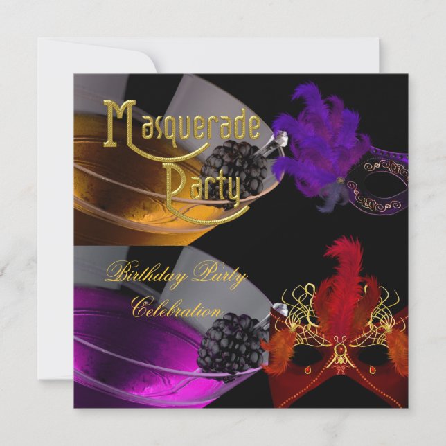 Invitation Fête d'anniversaire Mascarade Masques Violet Rouge (Devant)