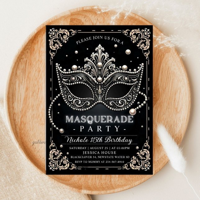 Invitation Fête d'anniversaire Mascarade Noir Blanc (Masquerade Black White Birthday Party Invitation)