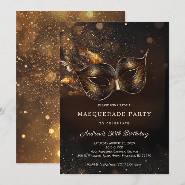 Invitation Fête d'anniversaire Mascarade Or Noir (Devant / Derrière)