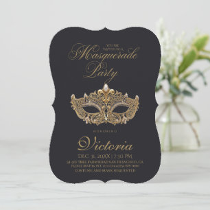 Invitation Fête d'anniversaire Mascarade Or Noir 