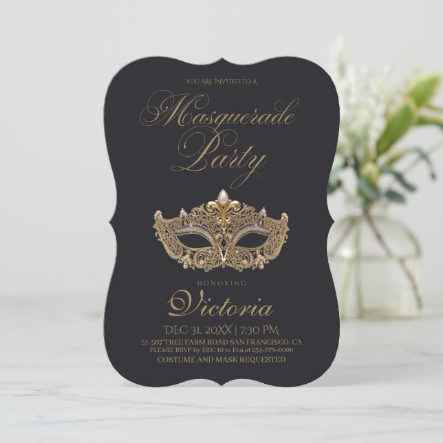 Invitation Fête d'anniversaire Mascarade Or Noir  (Debout devant)