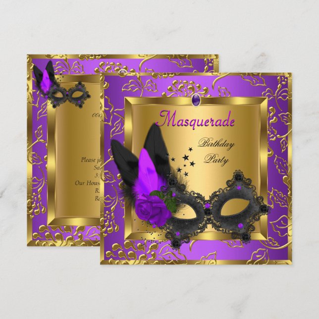 Invitation Fête d'anniversaire Mascarade Or Violet Noir (Devant / Derrière)