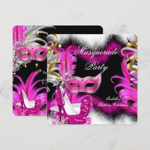 Invitation Fête d'anniversaire Mascarade Rose Noir Blanc 2